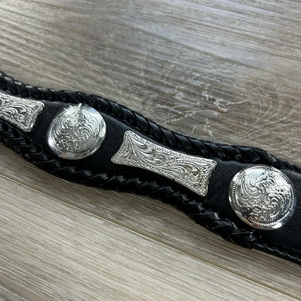 VTG Tony Lama Size 38 Black Leather Silver Cutting Champ Conchos Belt 76903